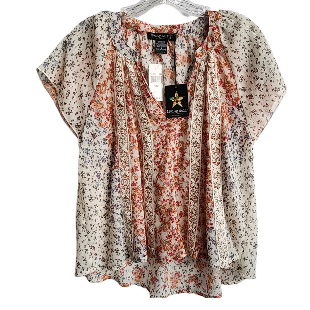 Living Doll Sheer Boho Floral Top | Women's Size S | #B15730546JI NWT